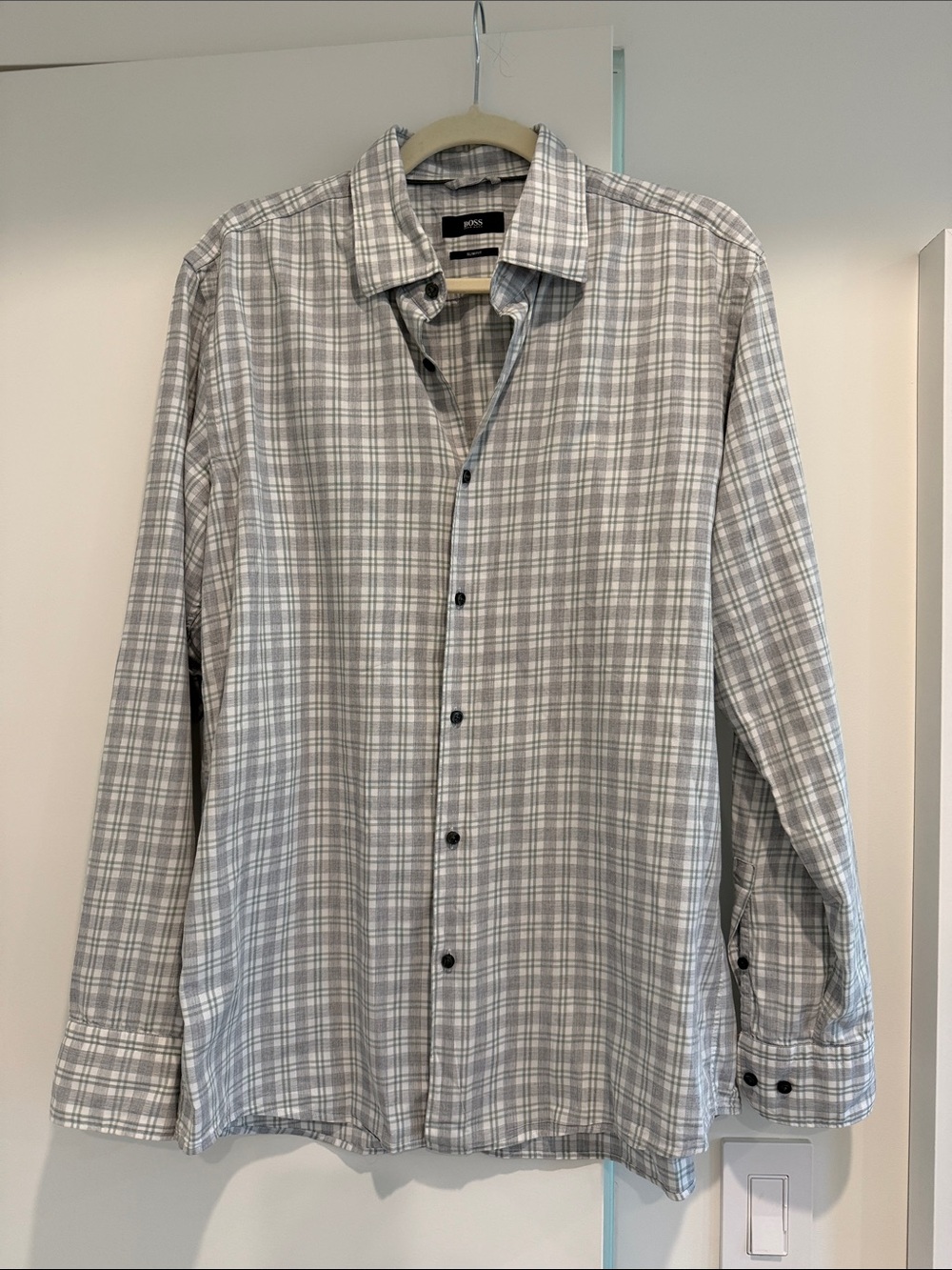 BOSS HUGO BOSS Men's Slim Fit Cotton Gray Plaid Button-Up Shirt Size 41